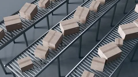 Multiple cardboard boxes on conveyor belts. 3d rendering Illustrazione stock