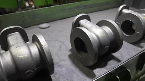Multiple cast iron industrial valve bodies with JIS markings displayed on Stock Footage 336633298
