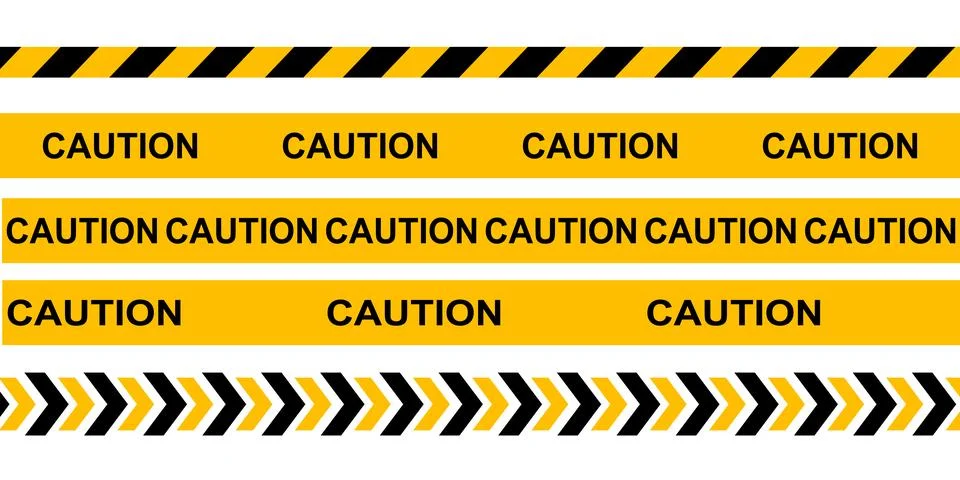 Multiple caution tape strips with repeated warning text and hazard stripes Stock Illustration