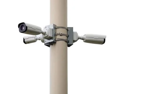 Multiple CCTV Security Cameras On Pole Isolated White Stock Photos