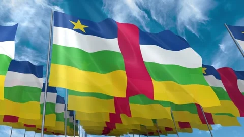 Multiple Central African Republic flags seamless looping waving on blue sky Stock Footage 343677842
