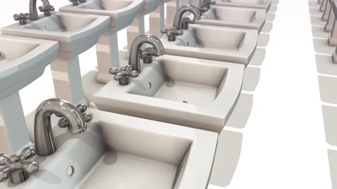 Multiple Ceramic Bathroom Sinks in a row 4k Stock Footage 149261809