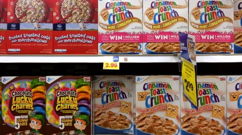 Multiple cereal options at grocery store aisle Stock Footage 57695217