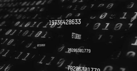 Multiple changing numbers against binary coding data processing on black 库存插图