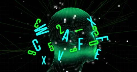 Multiple changing numbers and alphabets floating against neon human head model Illustrazione stock
