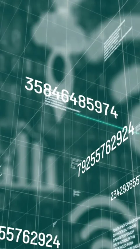 Multiple changing numbers and data processing against multiple digital icons on Stock Footage 343091805
