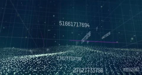 Multiple changing numbers and data processing against digital wave on blue Stock Illustration