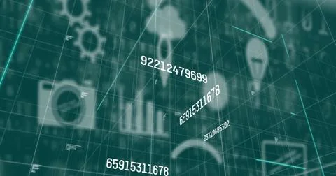 Multiple changing numbers and data processing against multiple digital icons on Stock Photos