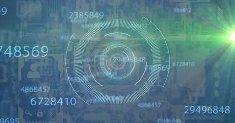 Multiple changing numbers and green spot of light against round scanner Illustrazione stock