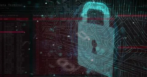 Multiple changing numbers and letters against security padlock icon and Stock Illustration