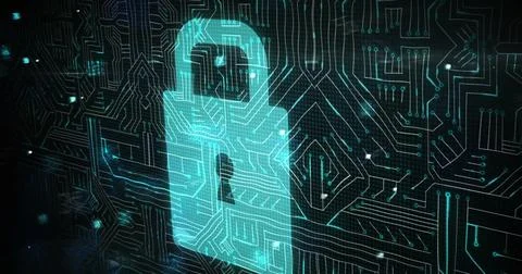 Multiple changing numbers and letters against security padlock icon and Stock Photos