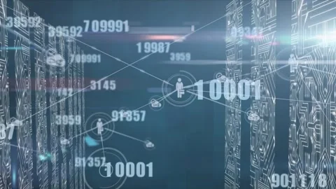 Multiple changing numbers and network of digital icons over screens with Stock Footage 330399367