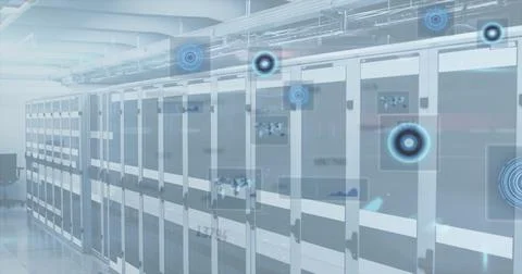 Multiple changing numbers and round scanners against empty computer server room Stock Illustration