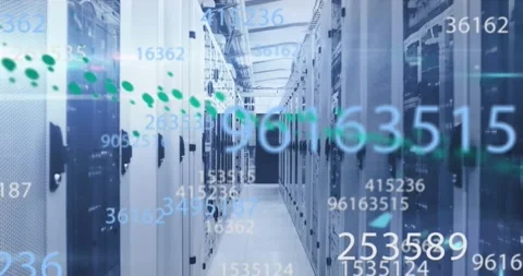 Multiple changing numbers floating against computer server room Stock Footage 207954821
