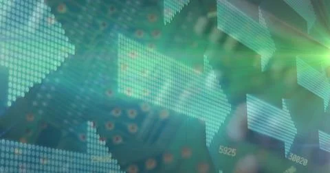 Multiple changing numbers floating against arrows moving on green background 스톡 일러스트