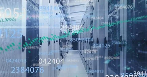 Multiple changing numbers floating against computer server room Stock Photos