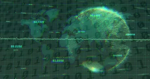 Multiple changing numbers floating over spinning globe and world map against Stock Footage 190961403