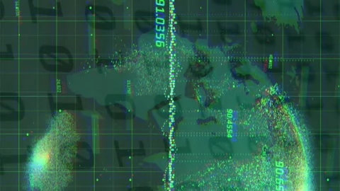 Multiple changing numbers floating over spinning globe and world map against Stock Footage 312582152