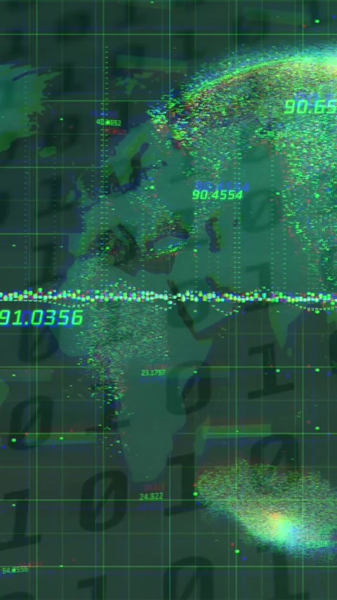 Multiple changing numbers floating over spinning globe and world map against Stock Footage 320759025