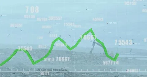 Multiple changing numbers floating over green graph moving against bulldozer Ilustração Stock