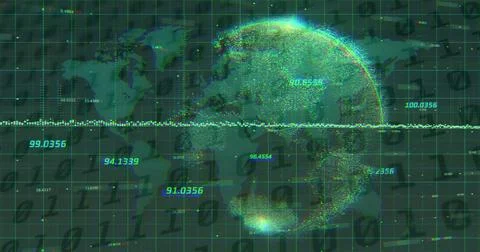 Multiple changing numbers floating over spinning globe and world map against Stock Photos