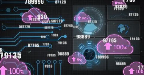Multiple changing numbers over cloud with increasing percentage icons and data Foto stock
