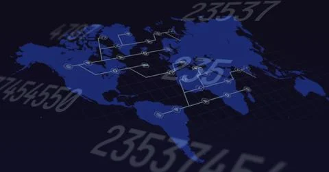 Multiple changing numbers over network of digital icons against world map on Stock Illustration