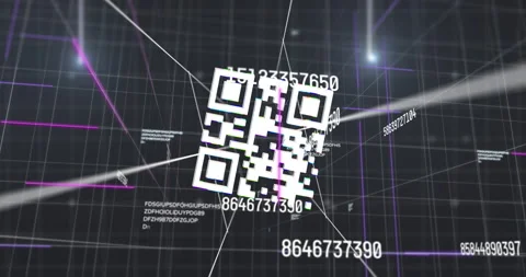 Multiple changing numbers over qr code scanner against grid network on black Stock Footage 151869962