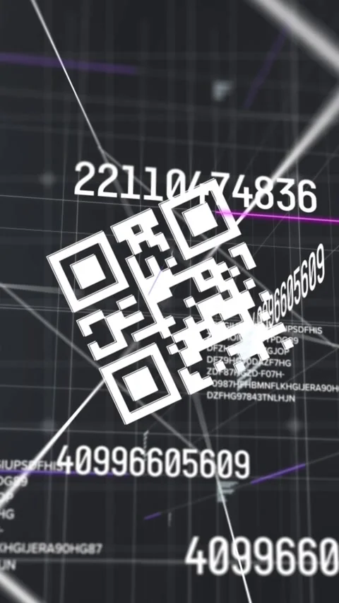 Multiple changing numbers over qr code scanner against grid network on black Stock Footage 331717867