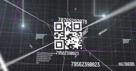 Multiple changing numbers over qr code scanner against grid network on black Stock Illustration