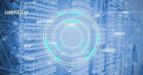 Multiple changing numbers over round scanner and network of connections against Stock Illustration