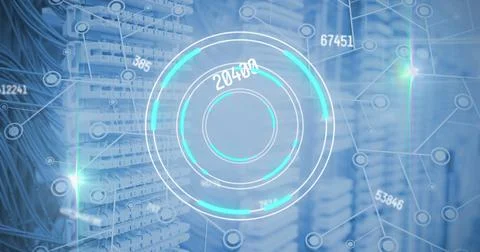 Multiple changing numbers over round scanner and network of connections against Stock Illustration