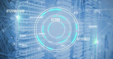 Multiple changing numbers over round scanner and network of connections against Stockillustratie