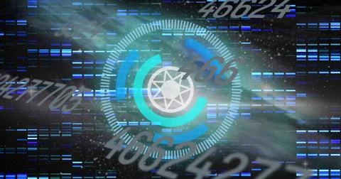 Multiple changing numbers over round scanner against mosaic squares on black Stock-Illustration