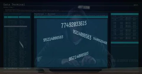 Multiple changing numbers over screen with data processing against male hacker Stock Photos