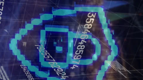 Multiple changing numbers over security padlock icon against aerial view of Stock Footage 312287831