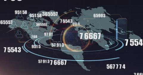 Multiple changing numbers over spinning globe against world map on blue Ilustração Stock