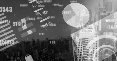 Multiple changing numbers over statistical data processing against tall イラスト素材