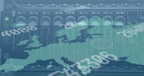 Multiple changing numbers over world map against close up of computer server Illustrazione stock