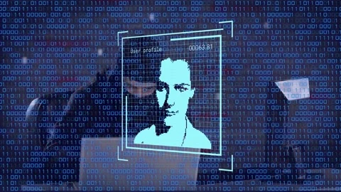 Multiple changing profile icons and binary coding against caucasian male hacker Stock Footage 328359723