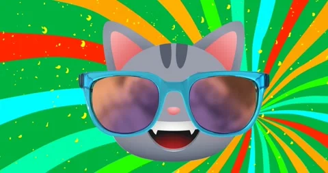 Multiple changing sunglasses icons over cat face emoji colorful rays spinning on Stock Footage 325485074