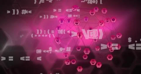 Multiple changing symbols and globe of digital icons against hexagonal shapes on Stock Photos