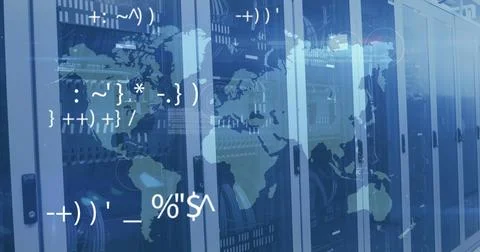 Multiple changing symbols and pulsating circles over world map against empty Illustrazione stock