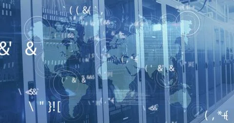 Multiple changing symbols and pulsating circles over world map against empty Illustrazione stock