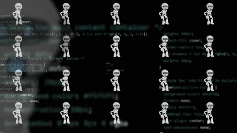 Multiple chatbots a.i. animation with big one blurred and programming  text  Stock Footage 233496944