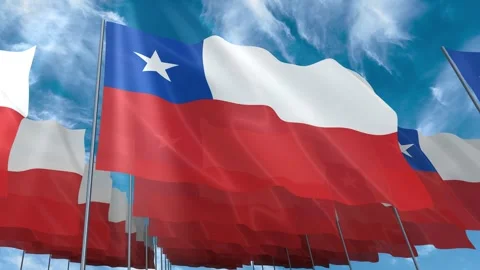 Multiple Chile flags seamless looping waving on blue sky Stock Footage 343677979