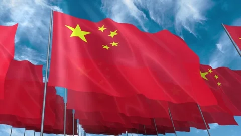 Multiple China flags seamless looping waving on blue sky Stock Footage 343677939