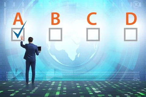 Multiple choice test question concept with business people Stockfoto's
