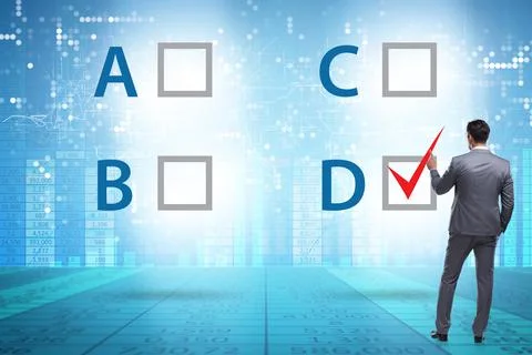 Multiple choice test question concept with business people Stockfoto's