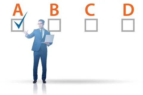 Multiple choice test question concept with business people Stockfoto's